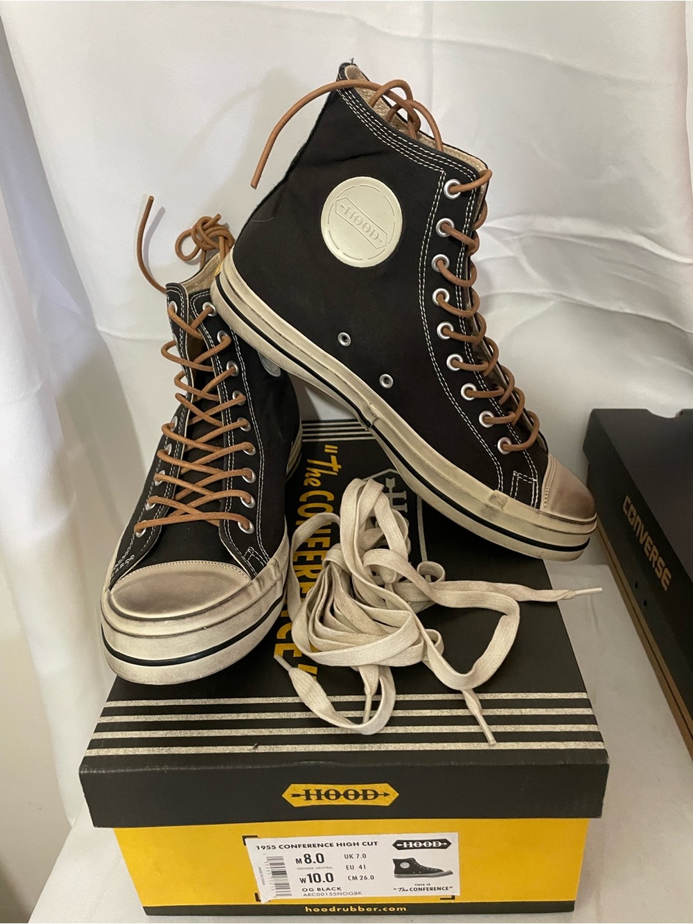 High-Top Sneakers in Black with Brown Laces